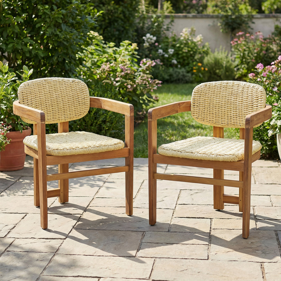 Beige rattan accent chair with wooden legs, ideal for living room or bedroom seating by Start2Finish furniture.