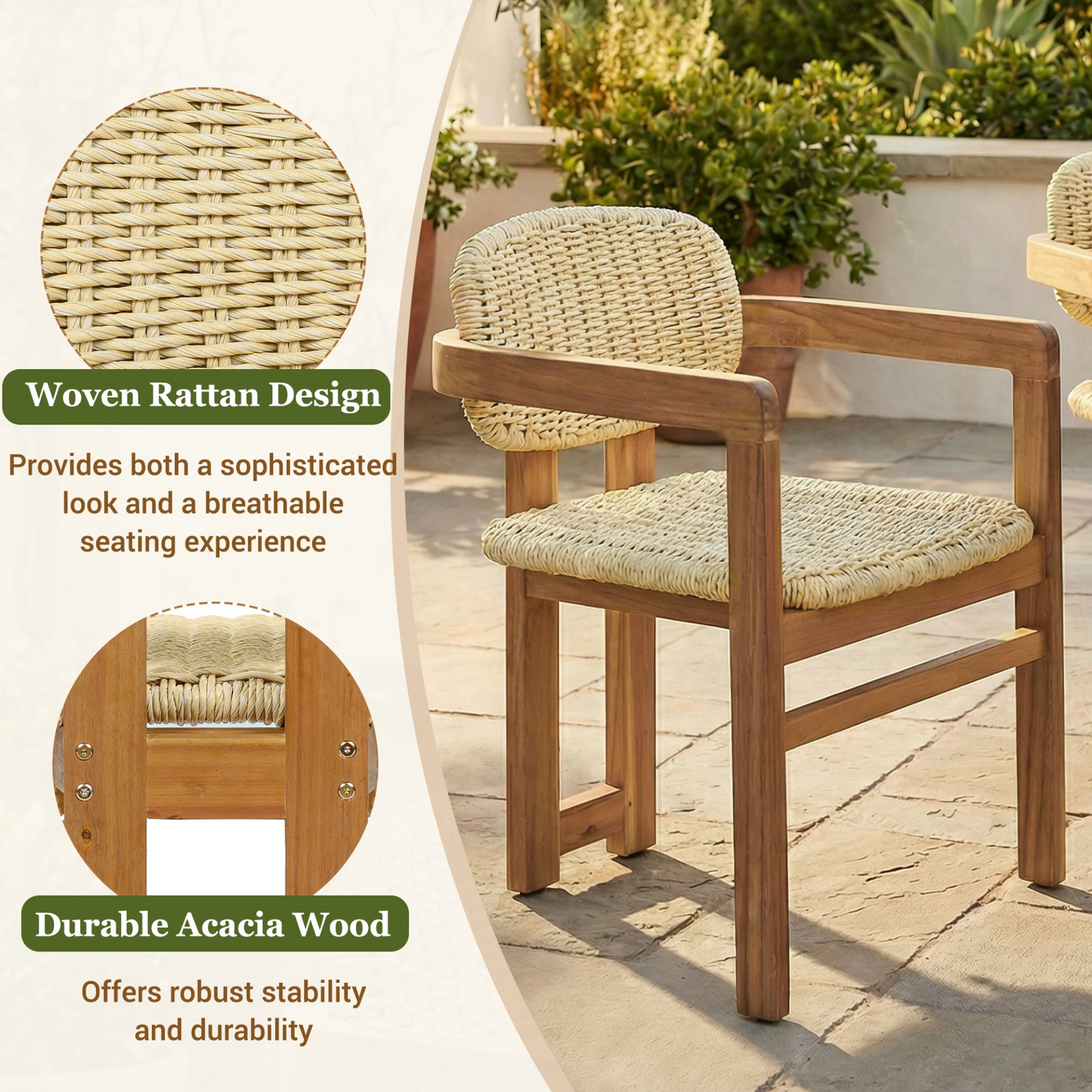 Beige rattan accent chair with wooden frame, perfect for living room or bedroom seating, by Start2Finish.