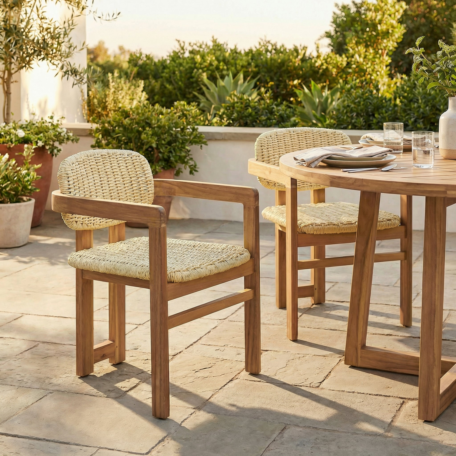 Beige rattan accent chair with wooden legs, ideal for living room or bedroom seating, by Start2Finish furniture.