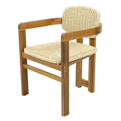 Beige rattan accent chair with wooden frame, ideal for living room or bedroom seating by Start2Finish.