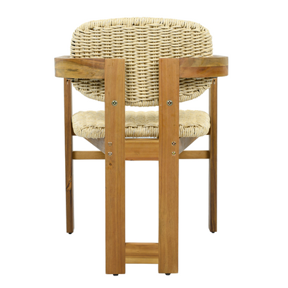 Beige rattan accent chair with wooden legs, ideal for living room or bedroom seating by Start2Finish.