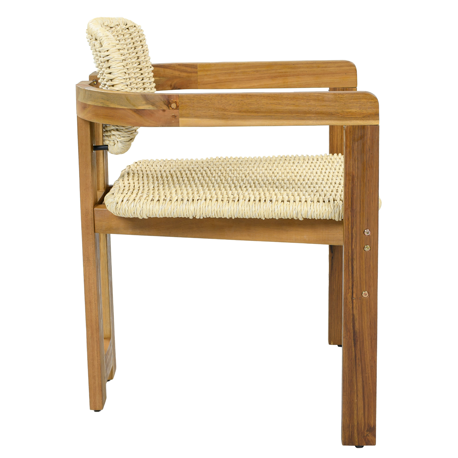 Beige rattan accent chair with wooden legs, ideal for living room or bedroom seating, by Start2Finish.