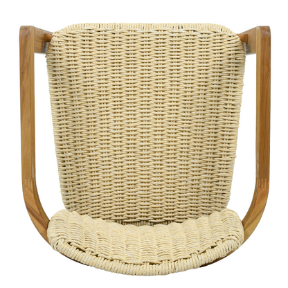 Beige rattan accent chair with wooden legs, ideal for living room or bedroom seating, by Start2Finish.