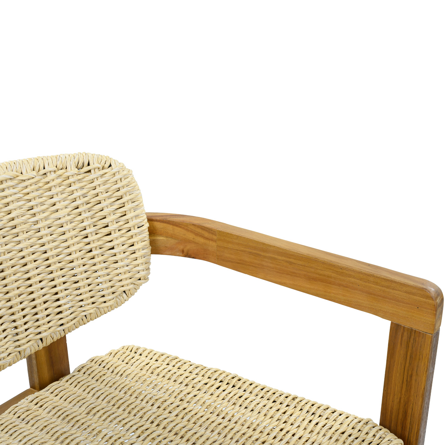 Beige rattan accent chair with wooden legs, ideal for living room or bedroom seating, by Start2Finish.