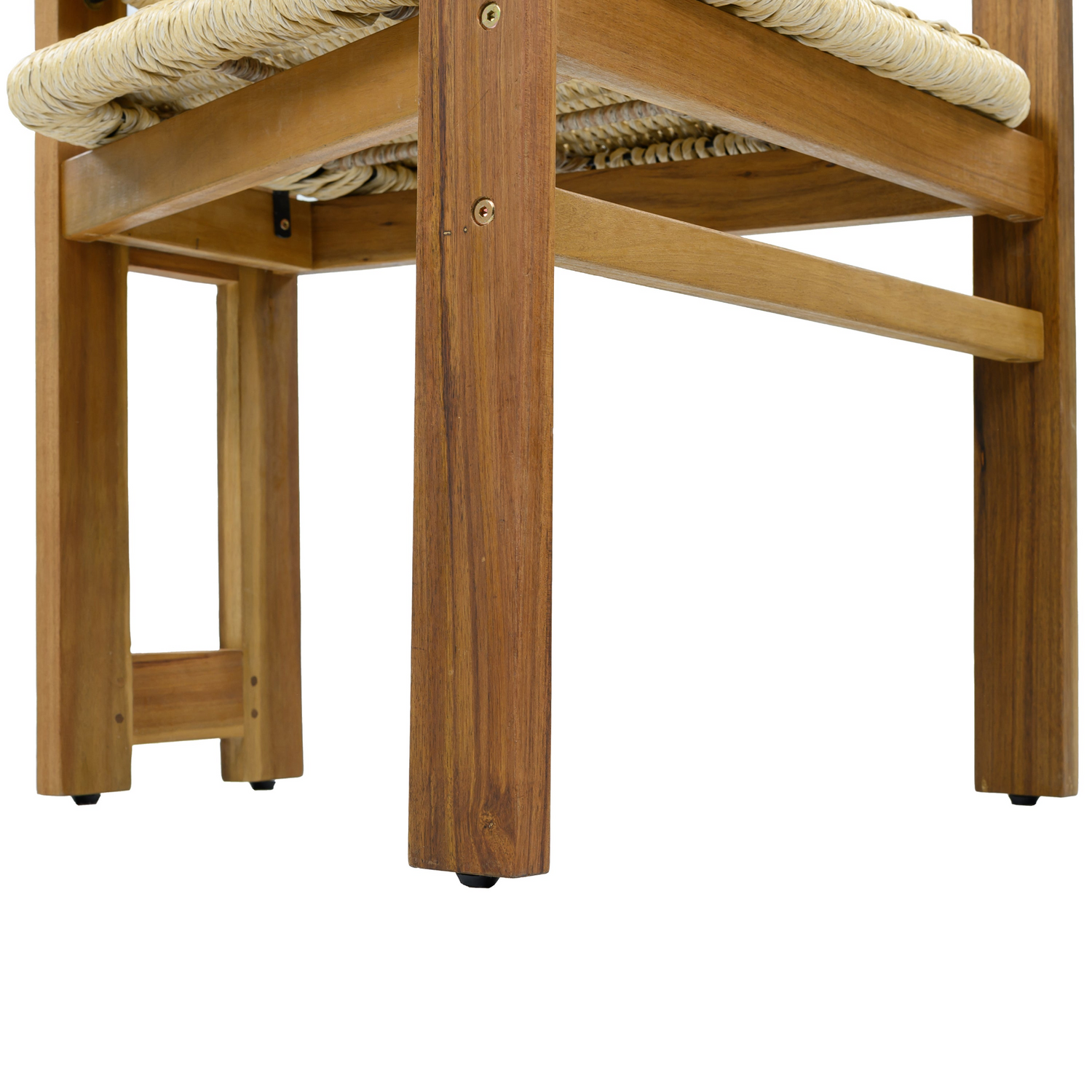 Beige rattan accent chair with wooden legs, ideal for living room or bedroom seating, by Start2Finish.