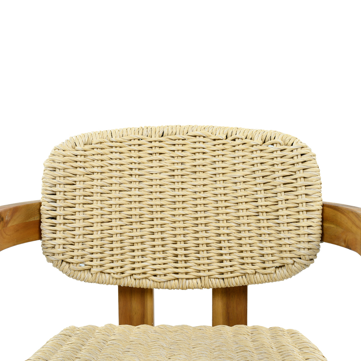 Beige rattan accent chair with wooden legs, ideal for living room or bedroom seating, by Start2Finish.