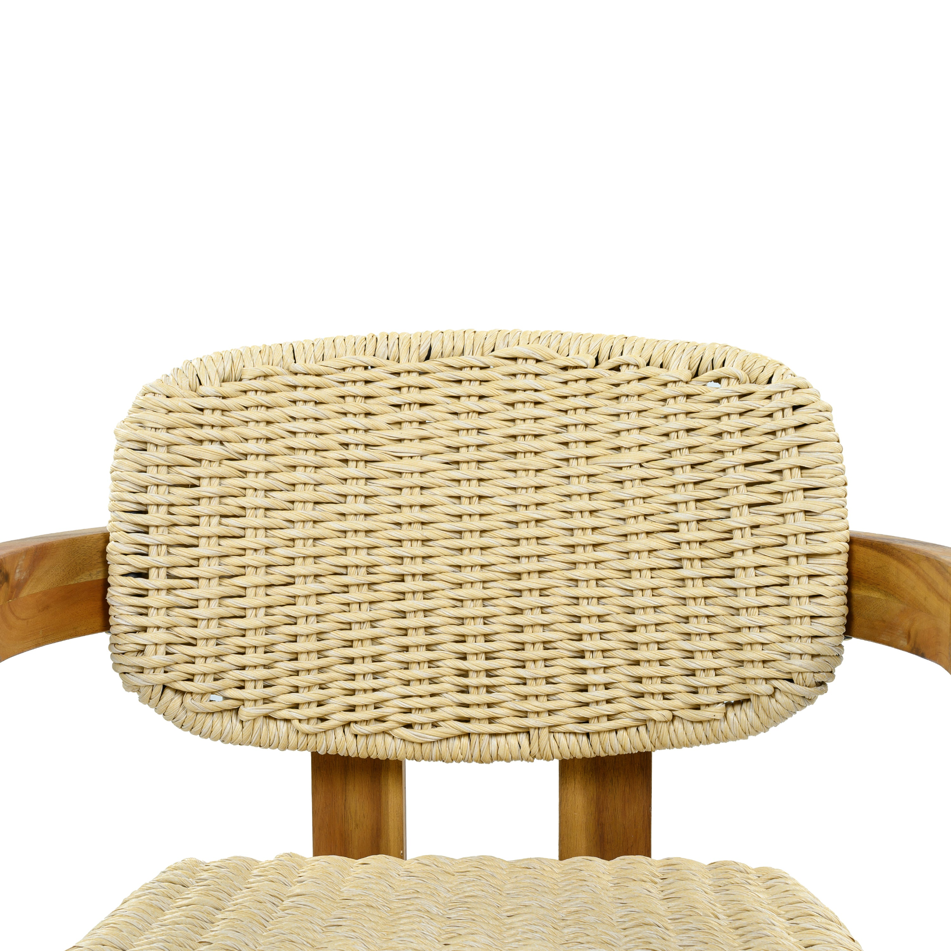 Beige rattan accent chair with wooden legs, ideal for living room or bedroom seating, by Start2Finish.