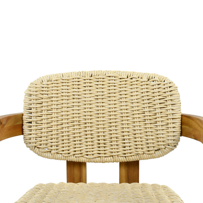 Beige rattan accent chair with wooden legs, ideal for living room or bedroom seating, by Start2Finish.