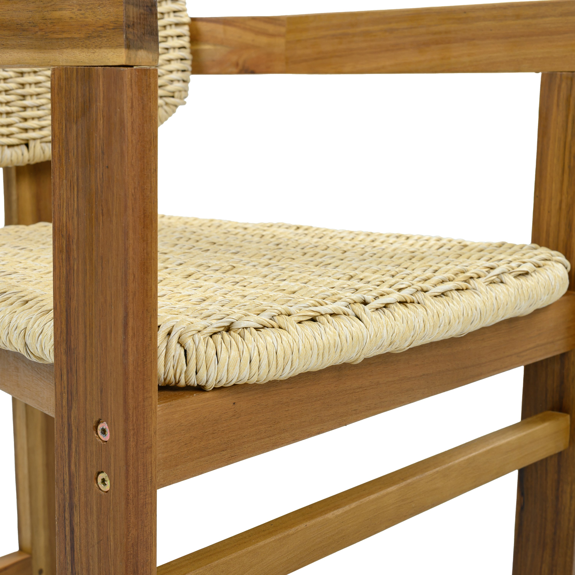 Beige rattan accent chair with wooden legs, ideal for living room or bedroom seating, by Start2Finish.