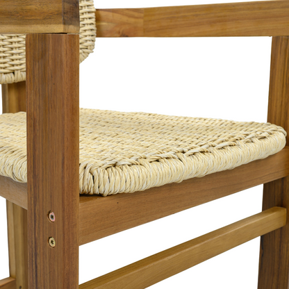 Beige rattan accent chair with wooden legs, ideal for living room or bedroom seating, by Start2Finish.