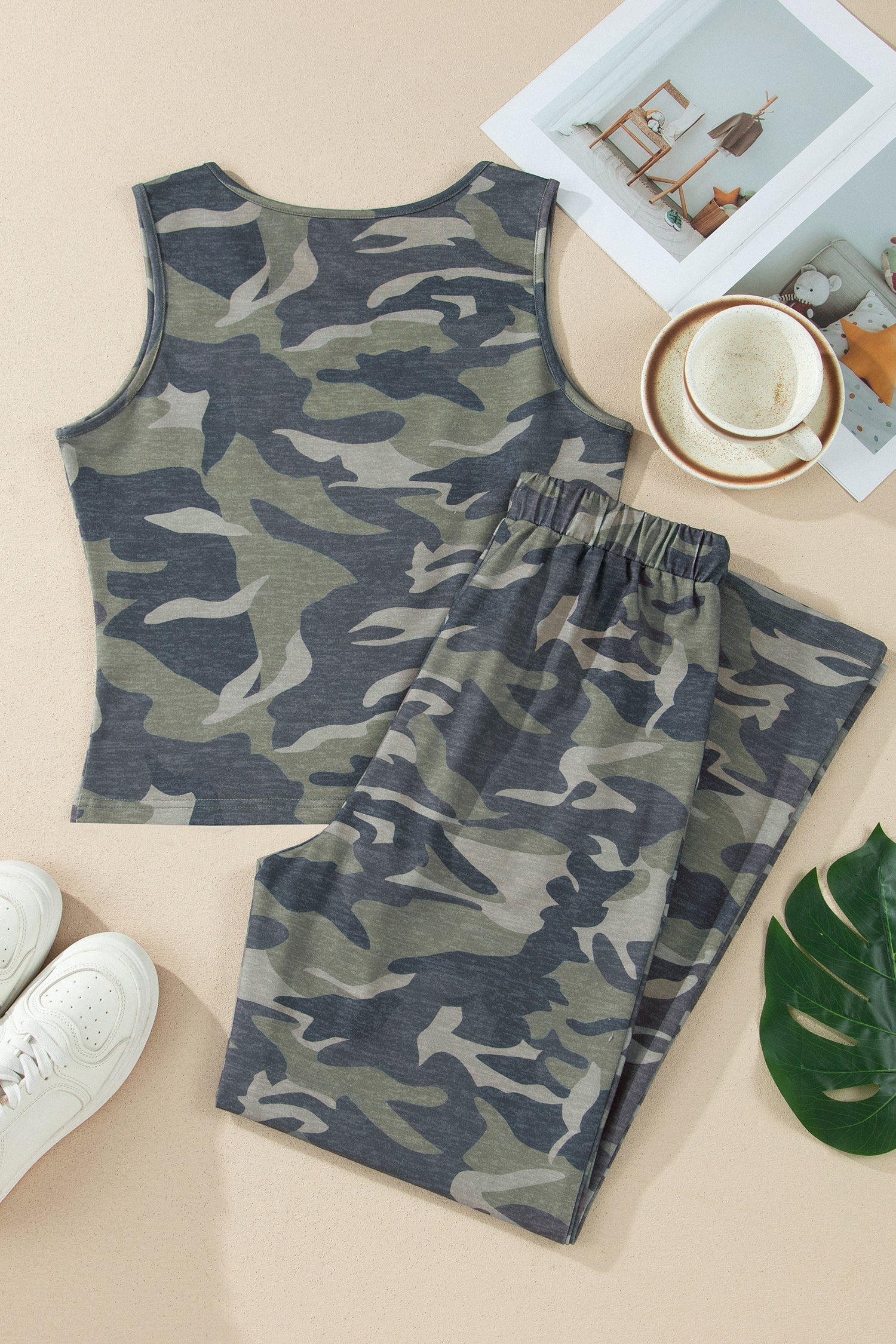 Women’s camo tank top and drawstring pant set by Byzantium Bay, featuring a stylish camouflage pattern and comfortable fit.
