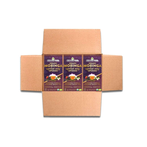 Organic Moringa Energy Tea by Gold Milo featuring grape and vanilla flavors in a natural food and beverage product.