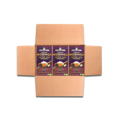 Organic Moringa Energy Tea by Gold Milo featuring grape and vanilla flavors in a natural food and beverage product.