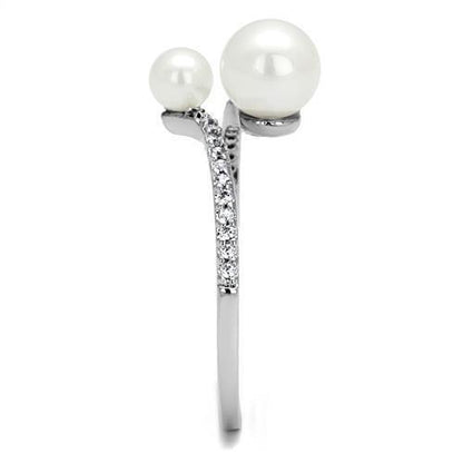Rhodium brass ring with synthetic white pearl, jewelry piece by Turquoise Tiger featuring elegant design and shiny finish.