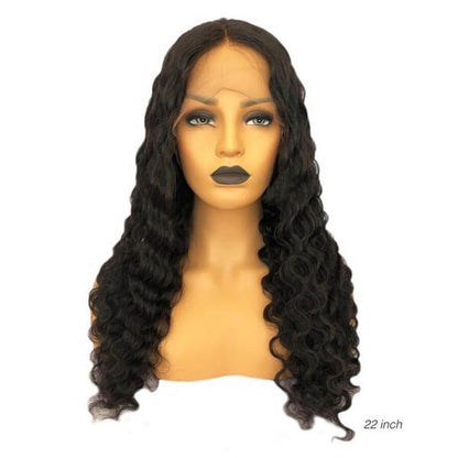 Peach Epimetheus Glamorous Body Wave 4x4 lace front wig with natural human hair, showing the wavy hair and lace front detail.