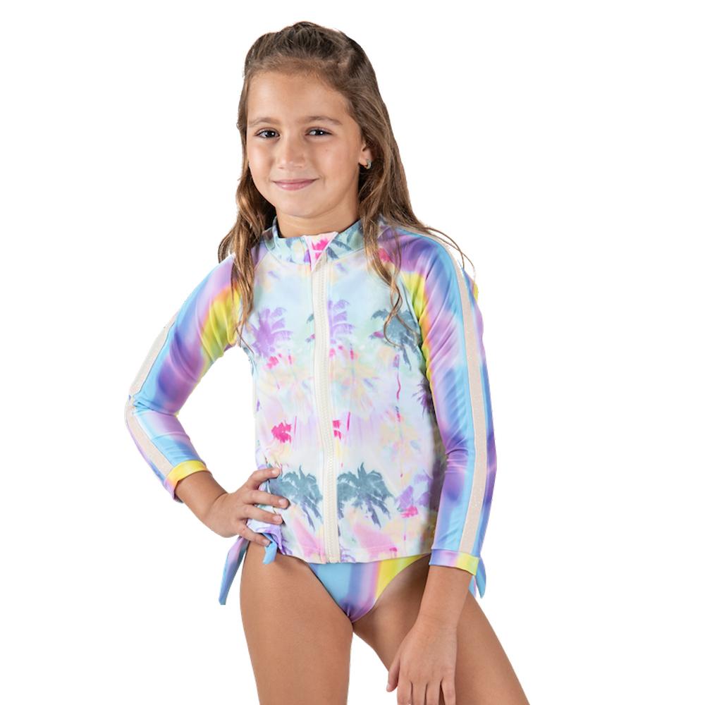 Bright rainbow palm tree rash guard for kids by Bronze Tartarus, featuring colorful tropical print on lightweight swimwear.