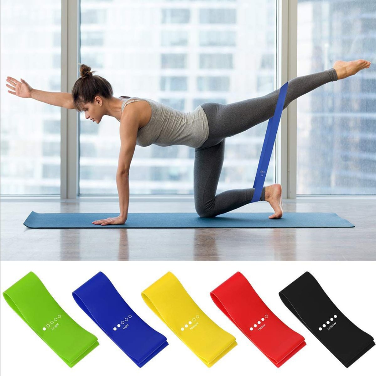 Set of five Salmon Lucky Flex and Stretch exercise latex bands for resistance training and physical therapy.