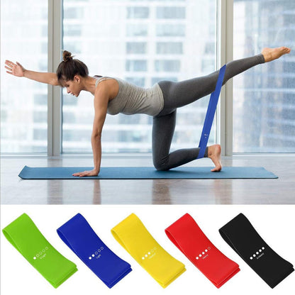 Set of five Salmon Lucky Flex and Stretch exercise latex bands for resistance training and physical therapy.
