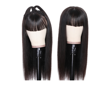Cerise Alfie straight Brazilian human hair wig with bangs, full machine-made construction, natural look, for bath and beauty use.
