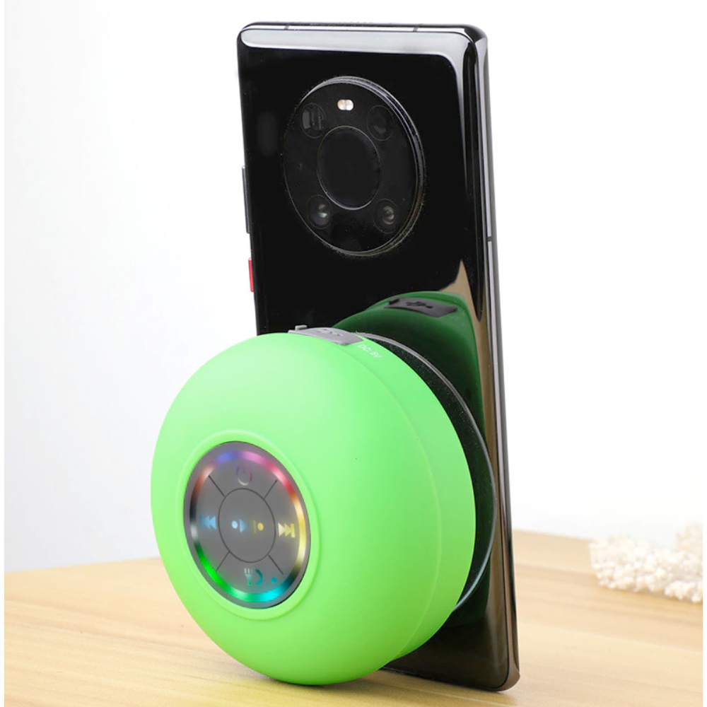 Mini waterproof RGB Bluetooth speaker by Yellow Pandora, showing colorful LED lights and compact portable design.