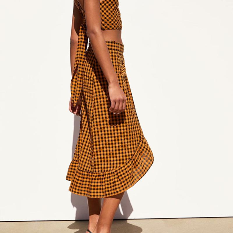 Yellow plaid ruffle midi skirt for women by Jade, high waist design with a bow, stylish and elegant high fashion women&