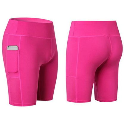 Stretchable All Seasons Yoga Shorts with phone pocket from Salmon Lucky, designed for comfortable active wear and easy phone access.