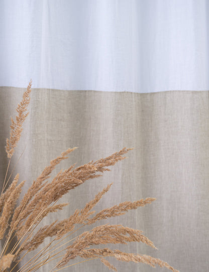 White and natural light two-tone linen curtains with tab tops, stylish home decor by Magenta Sugarplum