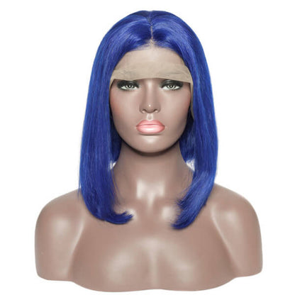 Electric blue Bob 13x4 lace front wig by Peach Epimetheus, custom colored human hair with sleek, straight style.
