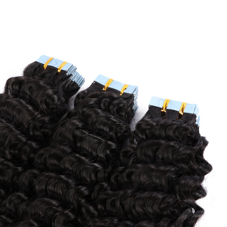 Peach Epimetheus natural black deep curly tape-in hair extensions, showcasing long, textured, and shiny curly hair strands.