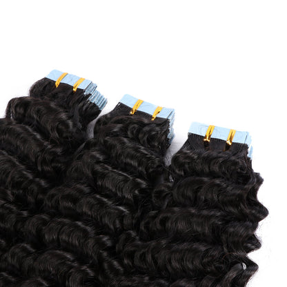 Peach Epimetheus natural black deep curly tape-in hair extensions, showcasing long, textured, and shiny curly hair strands.