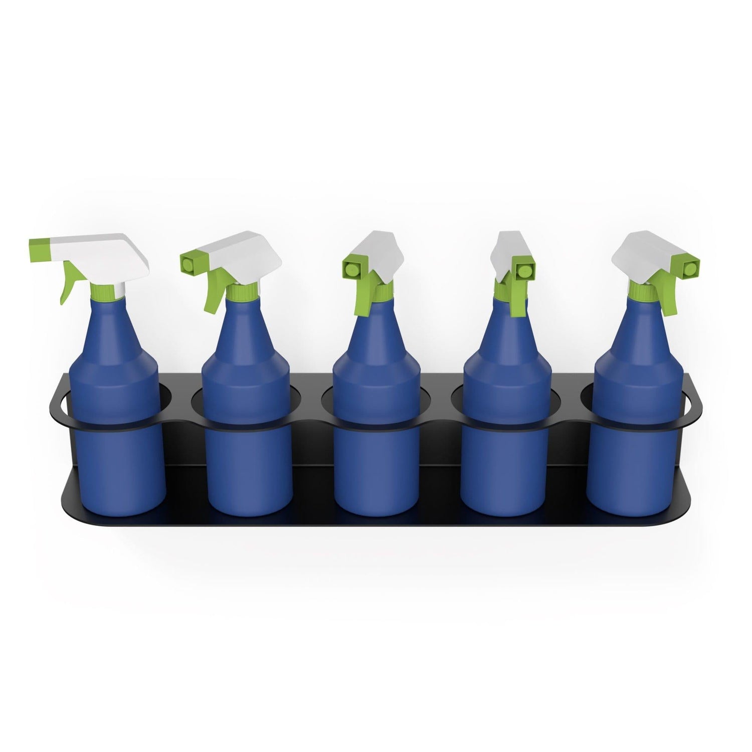 Crimson Astraeus spray bottle holder for five spray bottles, organized and mounted on a wall for efficient kitchen or cleaning storage.