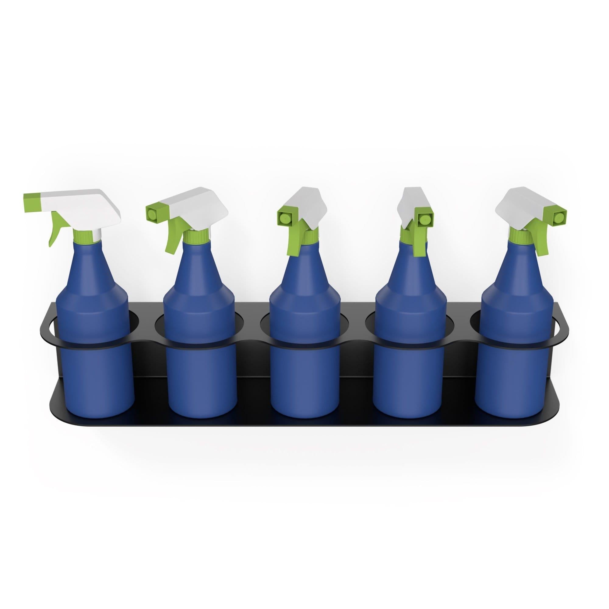 Crimson Astraeus spray bottle holder for five spray bottles, organized and mounted on a wall for efficient kitchen or cleaning storage.