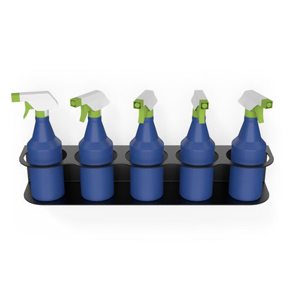 Crimson Astraeus spray bottle holder for five spray bottles, organized and mounted on a wall for efficient kitchen or cleaning storage.