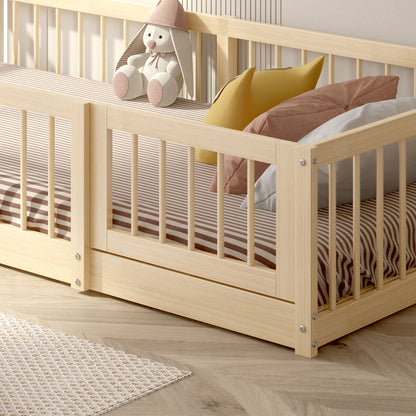 Olive Lucy Dream Raft Montessori natural twin floor bed with wooden frame and soft bedding, suitable for children&