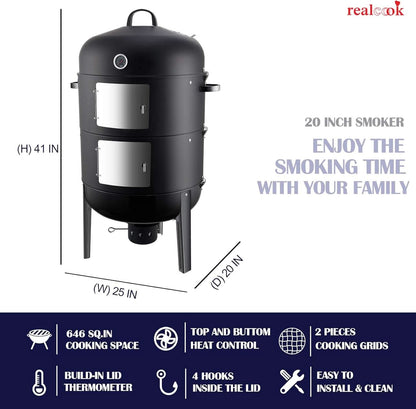 20 Inches Charcoal Vertical BBQ Smoker Outdoor Cooking