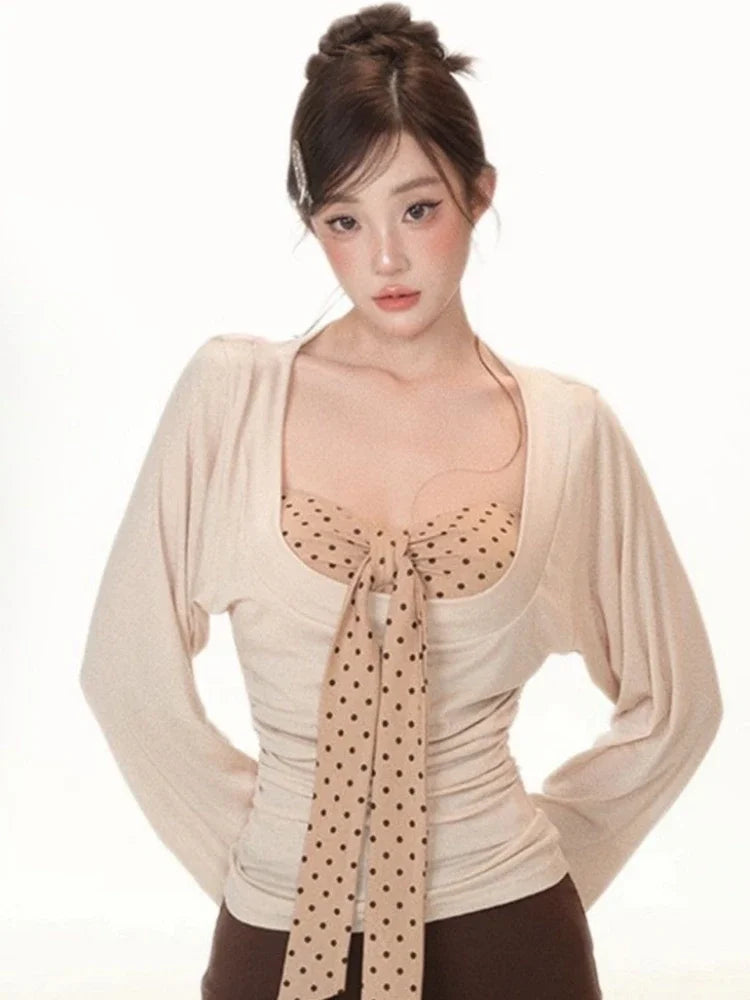 Y2K two-piece set featuring a pleated top and polka dot strapless vest, fairy grunge style apparel by Start2Finish.
