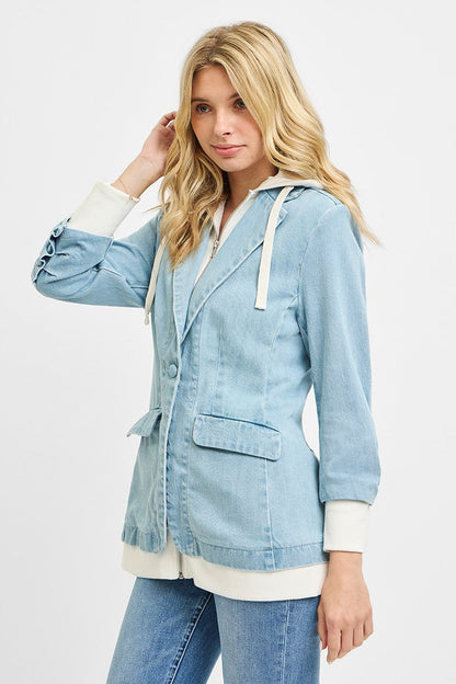 Start2Finish RISEN one-button blazer with hoodie, stylish jacket featuring a sleek design and casual hoodie detail.