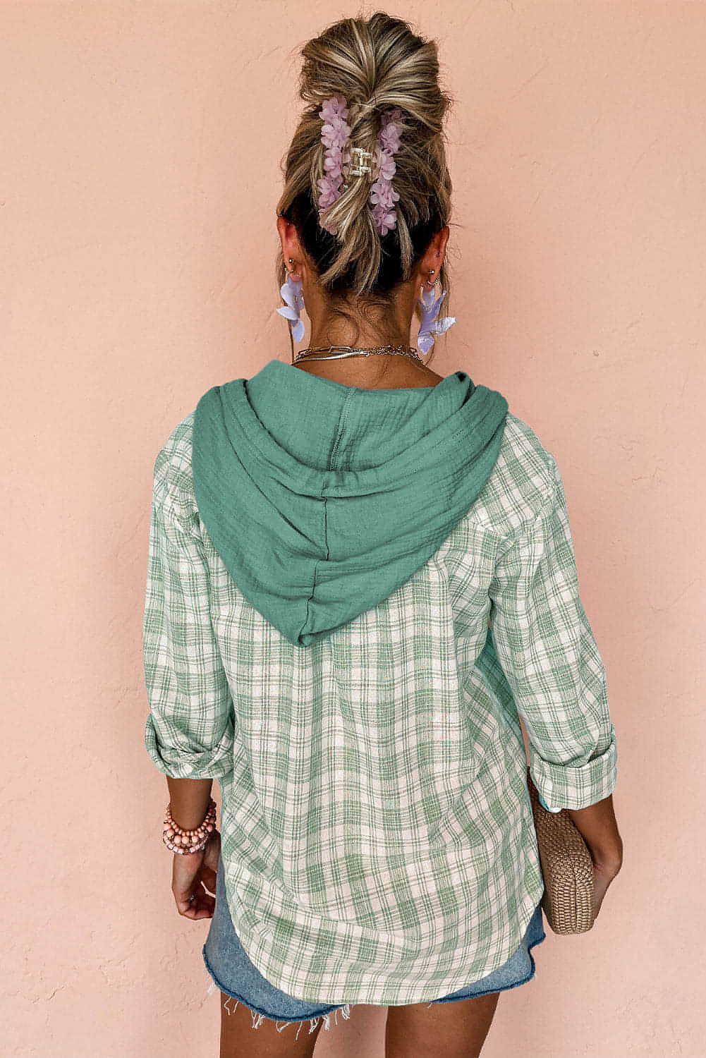Green checkered print Carmine Juneberry shacket with hood, loose fit, buttoned front, perfect as a casual tops and blouses option.