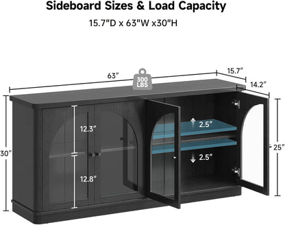 63Inch Black Sideboard Buffet Cabinet Glass Doors Modern
