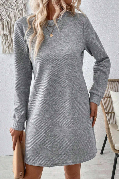 Gray solid color textured long sleeve shift dress by Carmine Juneberry, showcasing a stylish and comfortable women&