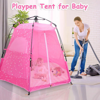Peach Maple Kids Pop Up Play Tent princess castle playhouse with pink and purple fabric, 78x66 inch size, indoor outdoor furniture.