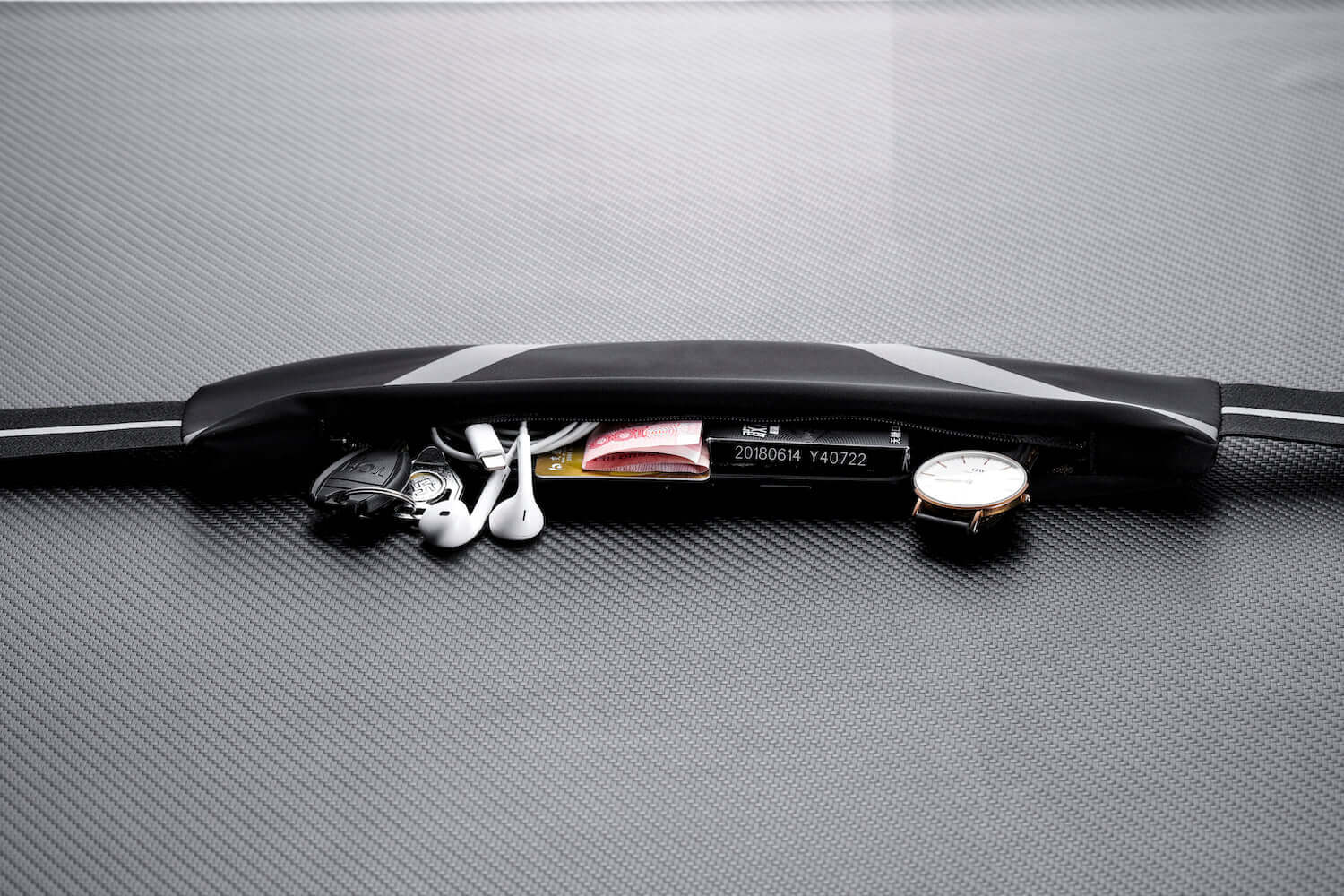 Black Lavender water-resistant sport waist pack with reflective strip, ideal for running and outdoor activities.