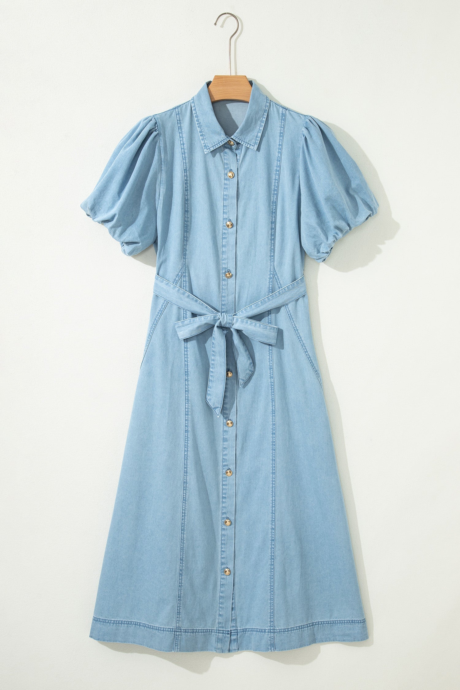 Byzantium Bay solid denim midi dress with collared neckline, bubble sleeves, and button details for women&
