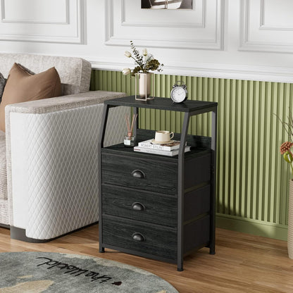 Black night stand with three fabric drawers and a two-tier shelf from Peach Maple, showcasing its modern furniture design.