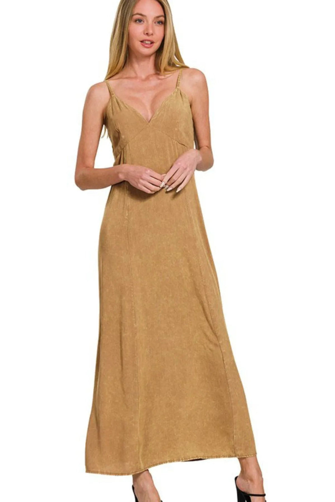 Mineral washed rayon challis cami dress by Jade Icarus, featuring a lightweight, flowy design with adjustable straps and a relaxed fit.