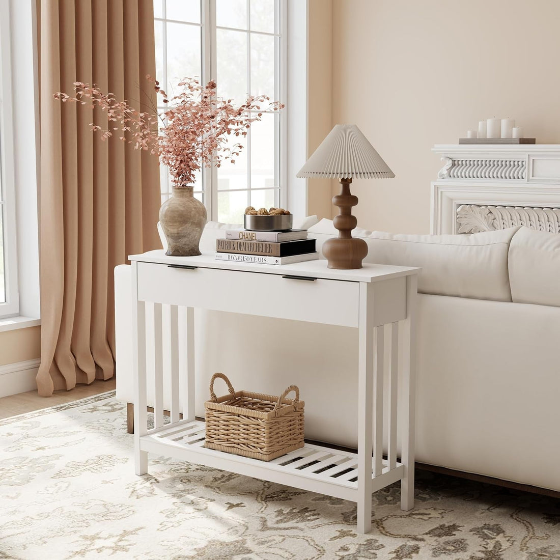 White Minimalist Console Table With Generous Drawer