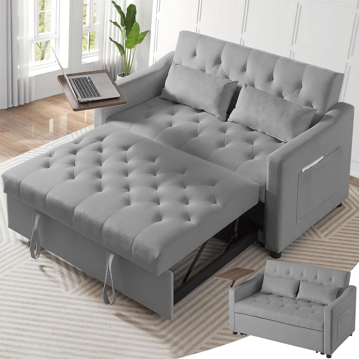 Grey Adjustable Backrest Convertible Sleeper Sofa Bed
