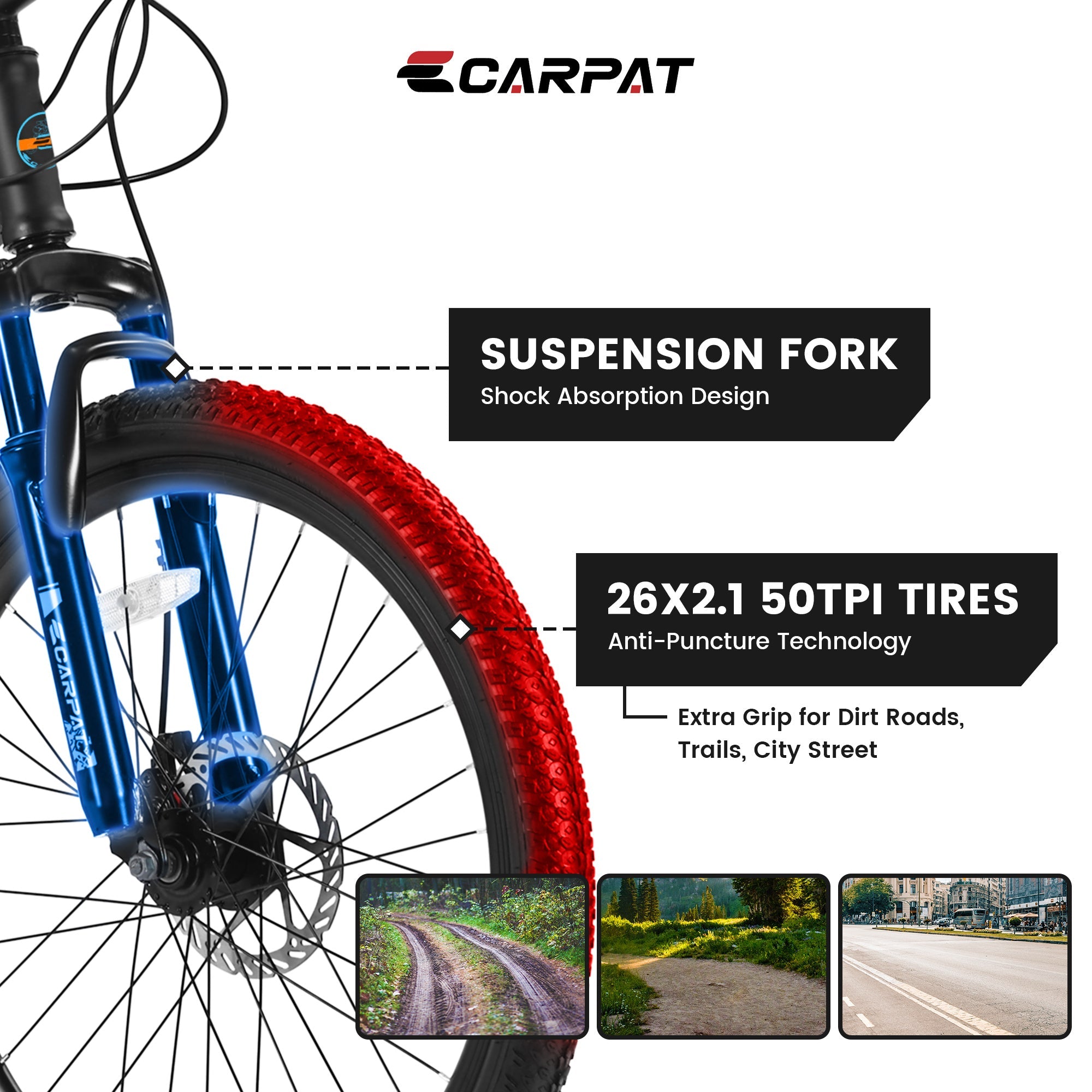 Black and blue Carpat City-Cruizer™ 26-inch performance mountain bike by Carmine Juneberry with knobby tires and a sturdy frame.