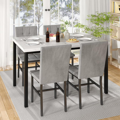 Five Piece Dining Set Marble Tops White Upholstered