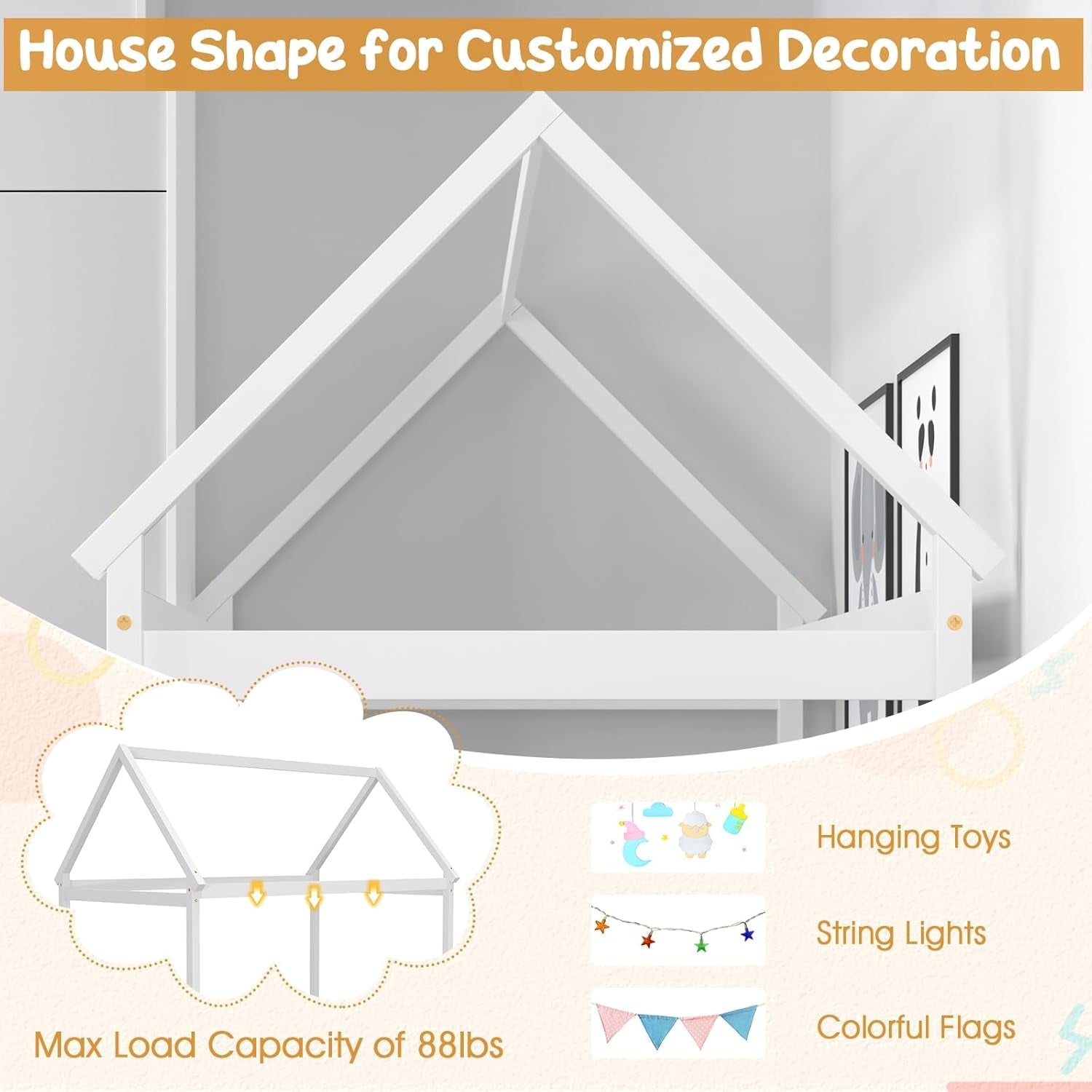 Peach Maple twin house bed frame with roof canopy, Montessori-style kids&